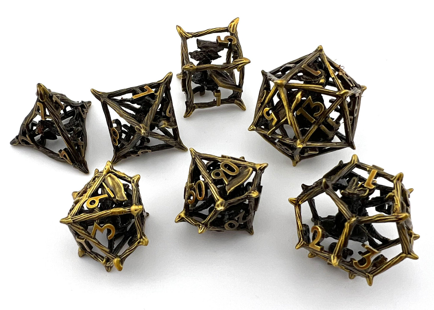 CR-04 Ancient-Gold, Caged-Dragon, Rattan Series, Hollow-Metal Dice Set