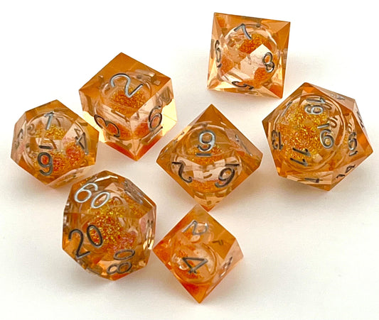 SL-05 Shiny-Orange, Liquid-Core-Series, Sharp-Edged, Resin Dice Set