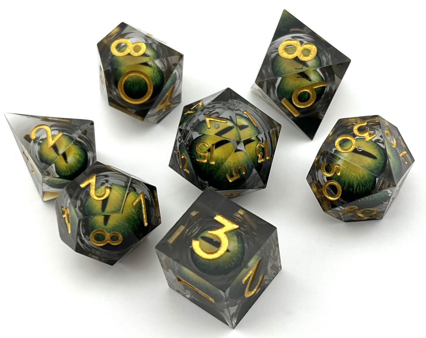 SL-24 Green, Floating-Dragon-Eye, Liquid-Core-Series, Sharp-Edged, Resin Dice Set